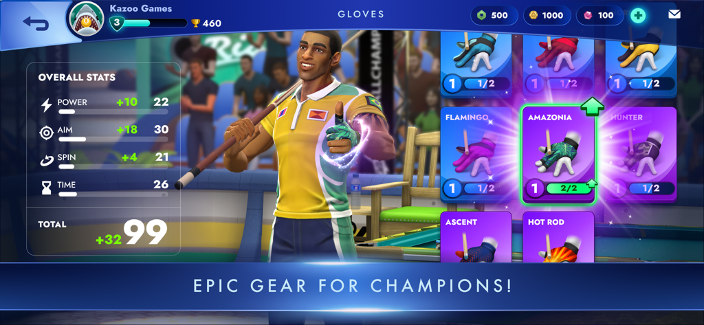 8 Ball Champions - Character customization screen in 8 Ball Champions showing pool gloves and player stats