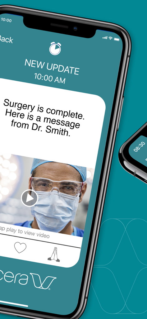 Ease Applications Messaging - Ease app interface showing a real-time medical update stating surgery is complete with a video message from a doctor