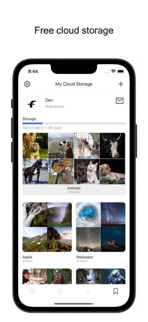 FetcherX Bookmarks - FetcherX app screen showing free cloud storage with organized media folders