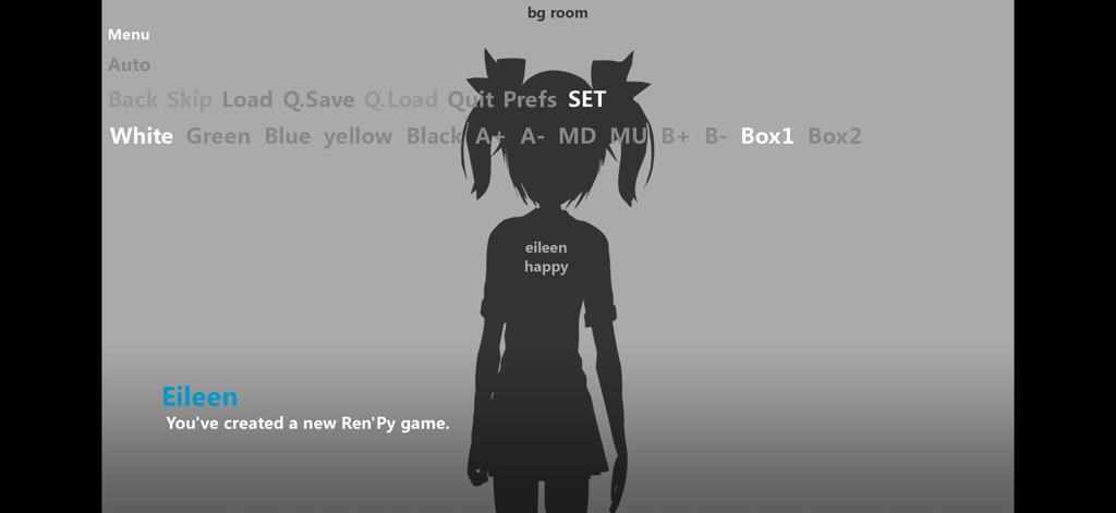 Renpy HHG - Renpy HHG interface showing a visual novel dialogue screen with a character silhouette and developer control settings
