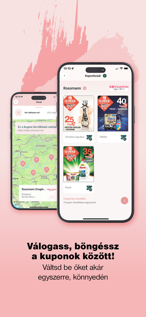 A smartphone displaying the GLAMOUR Hungary app showing a shopping coupon basket and a store locator map feature