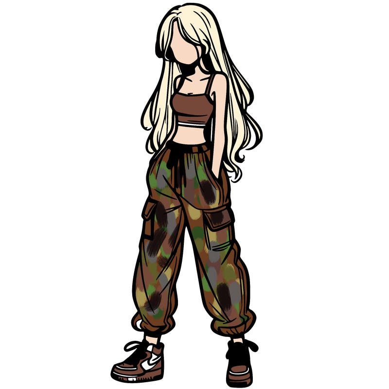 girl in baggy pants crop top and long hair