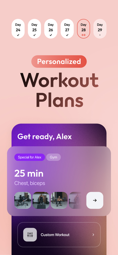 Zing AI: Home & Gym Workouts - Zing AI app interface displaying personalized daily workout plans and a 25 minute gym session for chest and biceps
