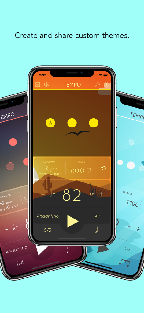 Tempo - Metronome with Setlist - Three iPhones displaying different custom color themes and the interface of the Tempo metronome app.