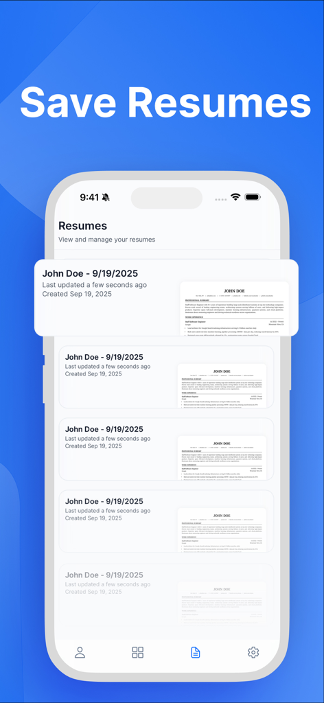 Resume Builder: ResumeHero - Interfaccia dell'app mobile ResumeHero che visualizza un elenco di curriculum professionali salvati