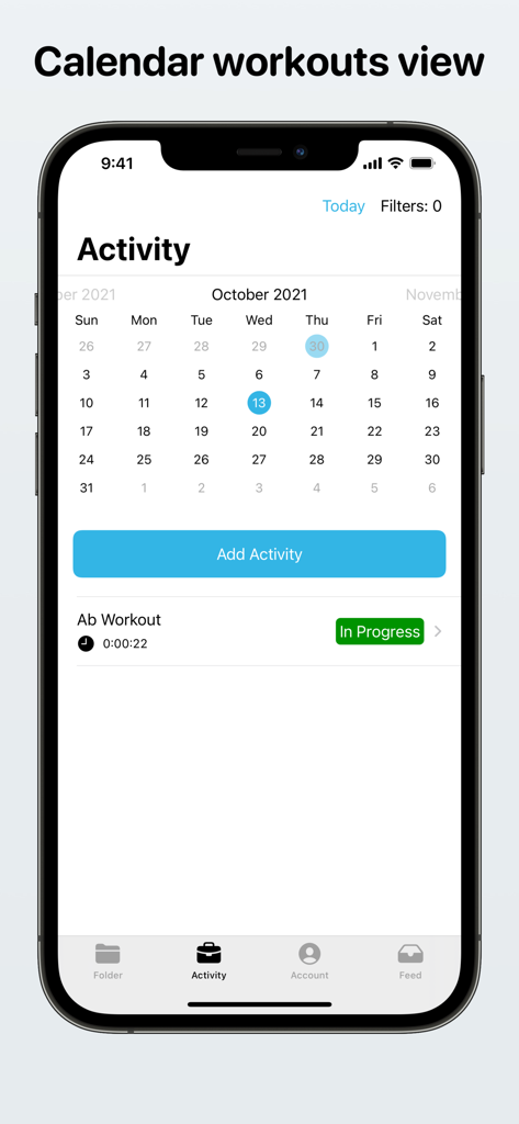 Monthly workout calendar and active activity tracker screen in the Fitness Kit app