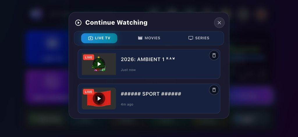 Smarter IPTV Stream: LiveTV - Interface do aplicativo Smarter IPTV mostrando o popup Continuar Assistindo com opções para TV ao Vivo, Filmes e Séries.