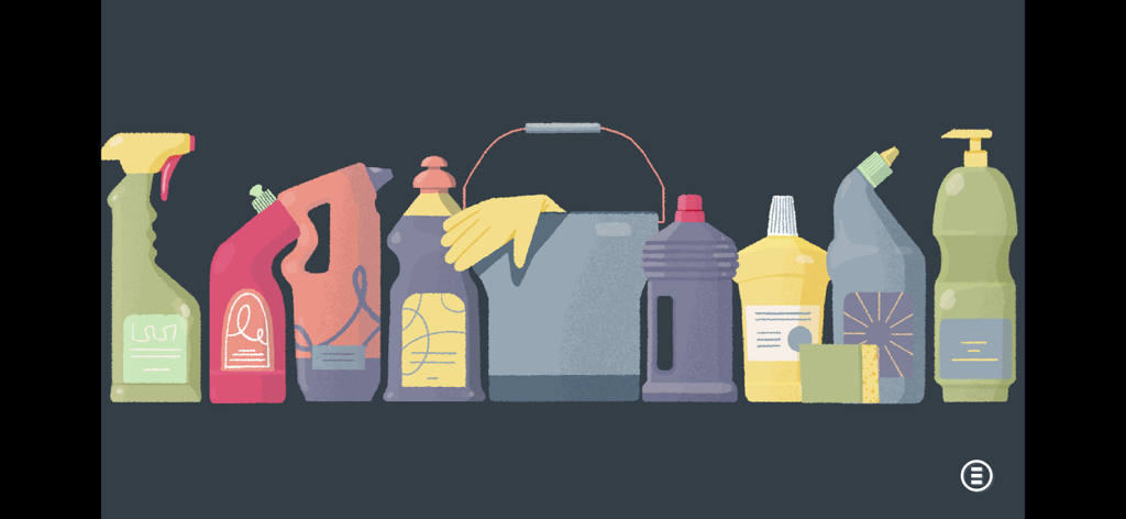 A Little to the Left - さまざまな手描きのクリーニング用品のボトルとバケツが、黄色い手袋とともに、暗い背景にきちんと並べられた列。