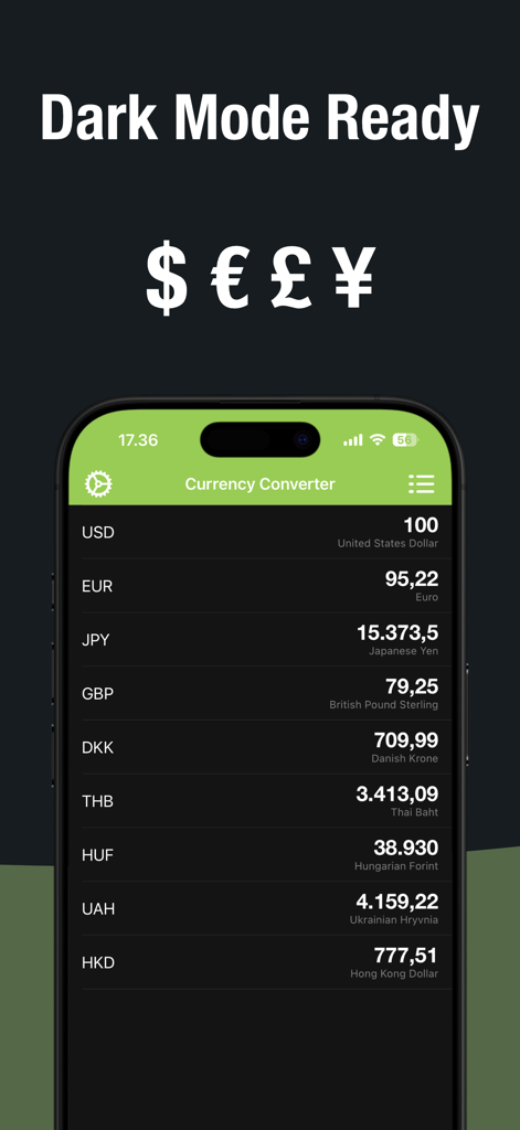 Currency Converter • Valuta+ - Valuta plus currency converter app interface in dark mode showing various exchange rates