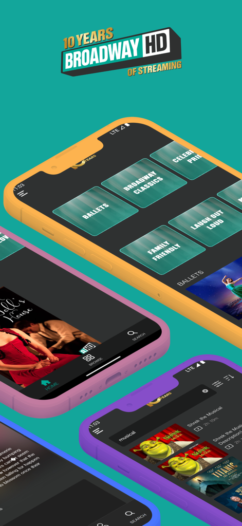 BroadwayHD - Multiple smartphone screens showing BroadwayHD app interface with theatre categories and musical movie posters