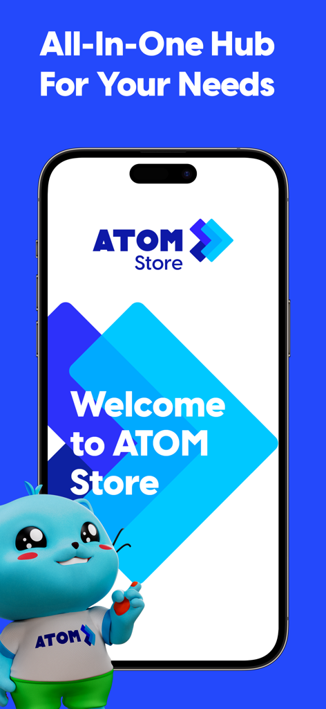 Pantalla de bienvenida de la aplicación ATOM Store Myanmar con su mascota de gato azul y logo