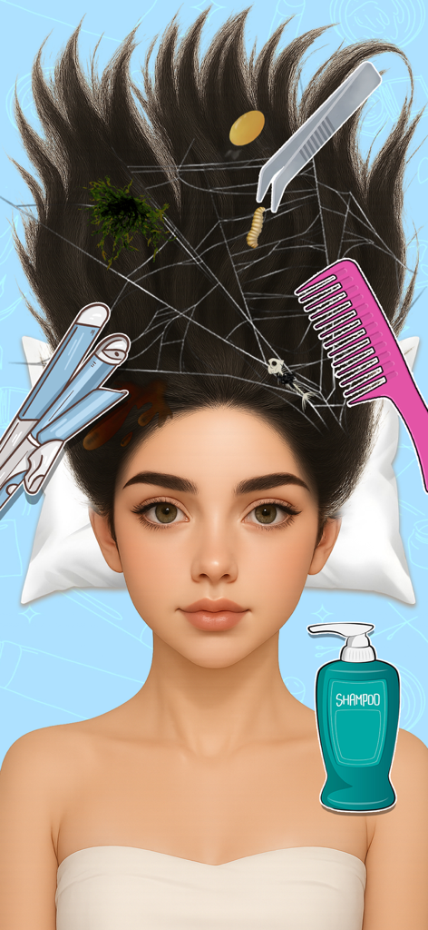 Uma garota com cabelo bagunçado e teias de aranha sendo limpa com ferramentas de higiene em um jogo ASMR satisfatório
