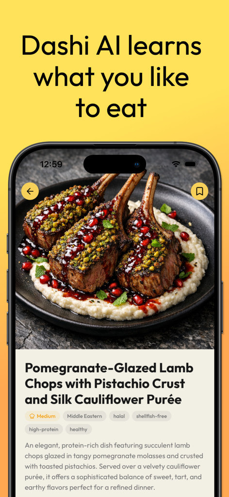 Dashi AI app displaying a personalized recipe for pomegranate glazed lamb chops