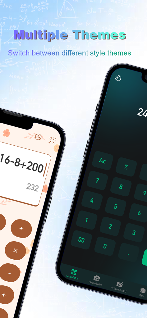 AI QuickSolver - Interfaz de la aplicación AI QuickSolver que muestra múltiples temas de calculadora, incluidos estilos florales claros y minimalistas oscuros.