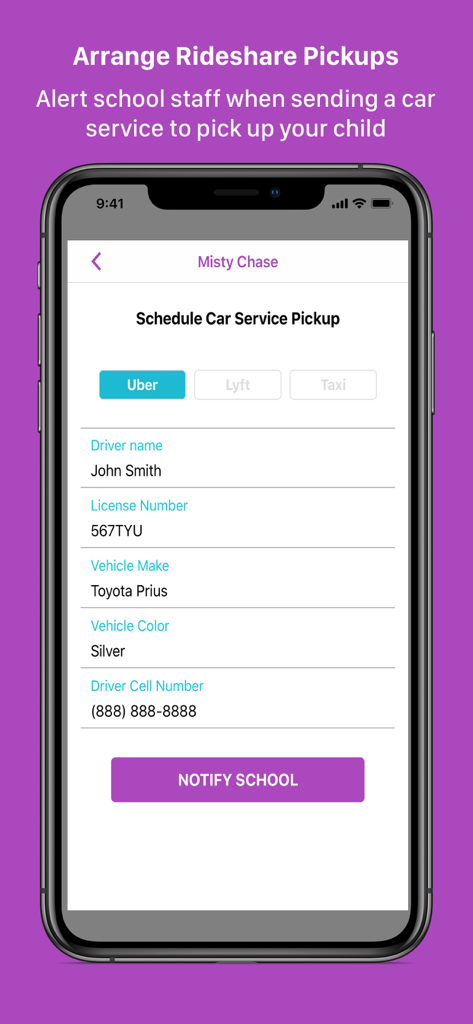 A mobile app screen for scheduling a rideshare pickup and providing driver details to notify the school.
