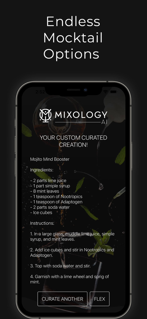 Mixology AI - Mixology AI muestra una receta de mocktail Mojito Mind Booster con ingredientes e instrucciones
