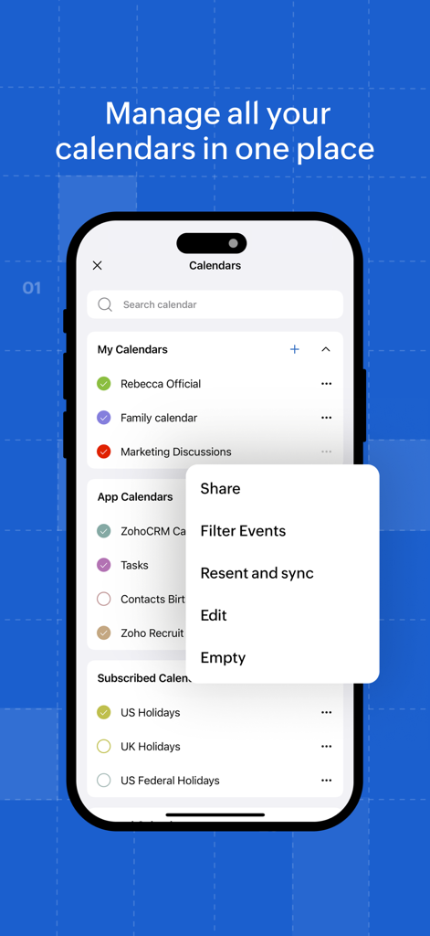 Interface do aplicativo Zoho Calendar mostrando o gerenciamento de múltiplos calendários pessoais, profissionais e de feriados em um só lugar