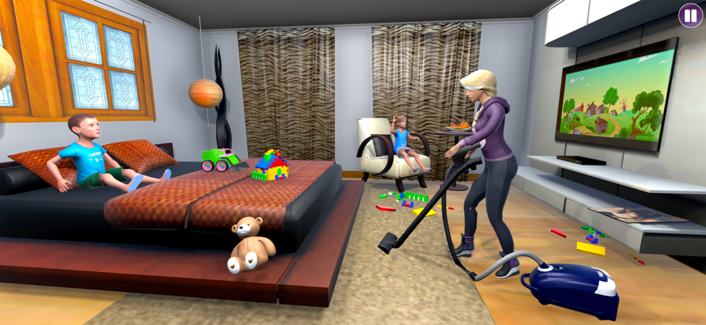 Dream family 3D -Mom simulator - Uma personagem feminina aspirando uma sala de estar bagunçada com crianças e brinquedos no jogo simulador Dream Family 3D
