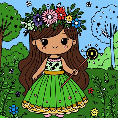 girl with flower crown and flower dress with flower wand in a garden background