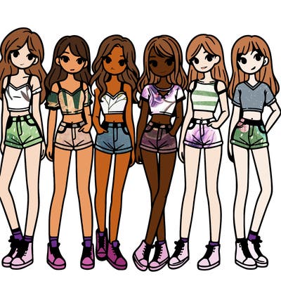 a group of girls wearing crop tops and shorts