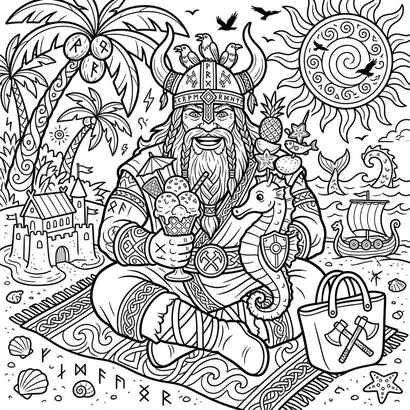 Embark on a summer adventure with this unique coloring page featuring a cheerful Viking Godhi enjoying a beach vacation. Dive into a world of sunny Norse-inspired fun, complete with sandcastles, ice cream, and mythical sea creatures.