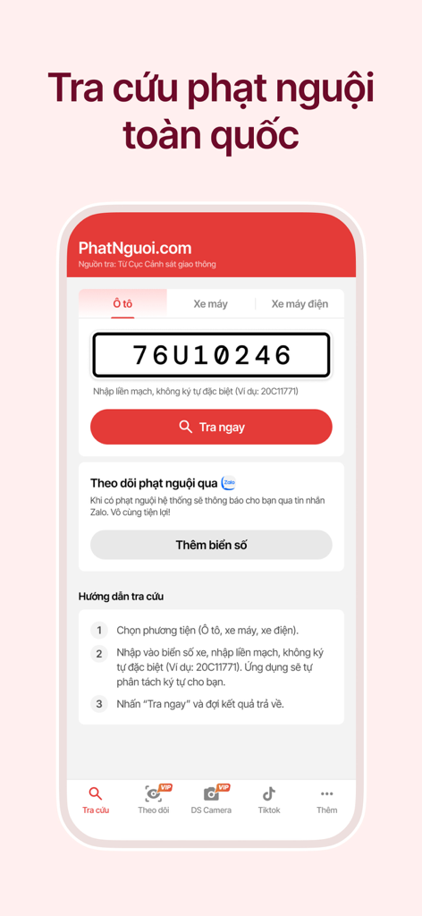 Tra cứu phạt nguội toàn quốc - Interface of the Vietnamese traffic fine lookup application showing license plate search