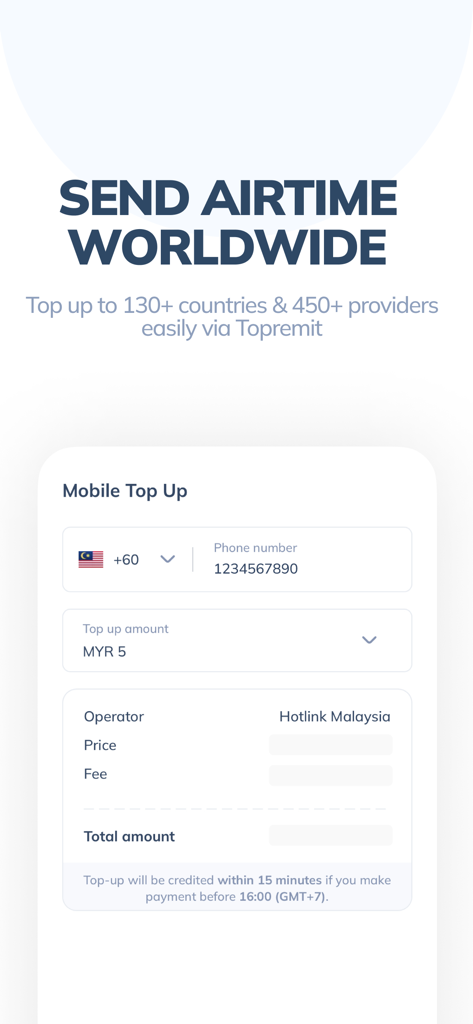 Topremit: Money Transfer - Topremit mobile app interface for sending international airtime top ups to over 130 countries