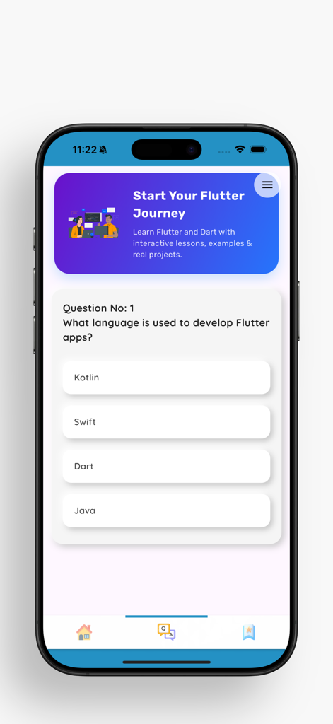 Learn Flutter and Dart - Mobile app screen showing an interactive quiz question about the programming language used for Flutter apps