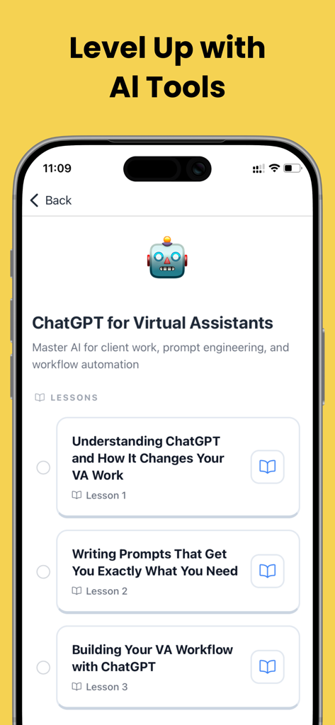 Captura de pantalla de la aplicación Josie AI mostrando una lista de lecciones para dominar ChatGPT como asistente virtual.
