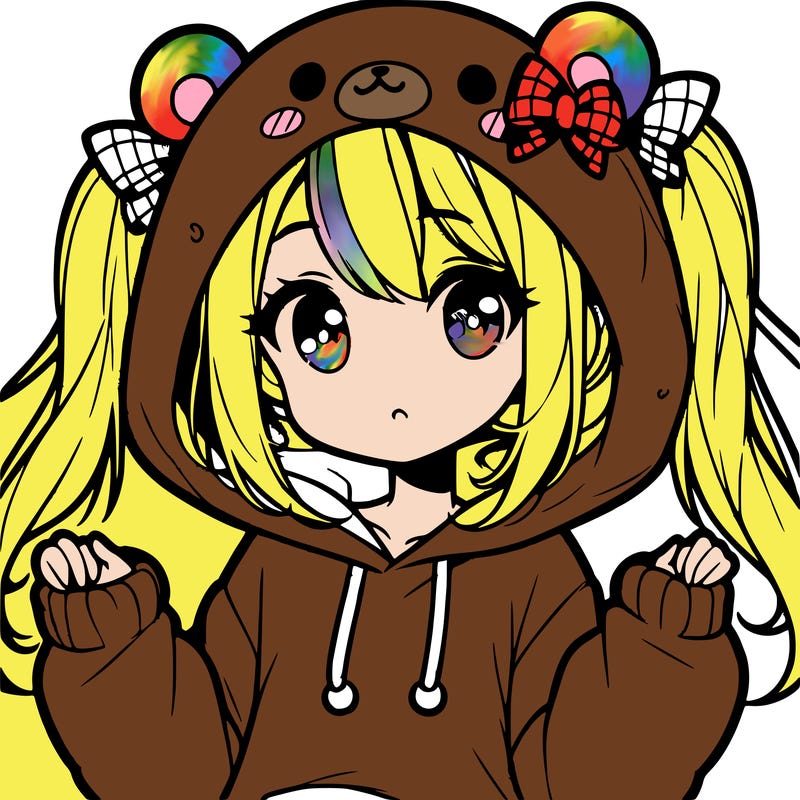 cute anime girl with ponytails and a cute bear hoodie