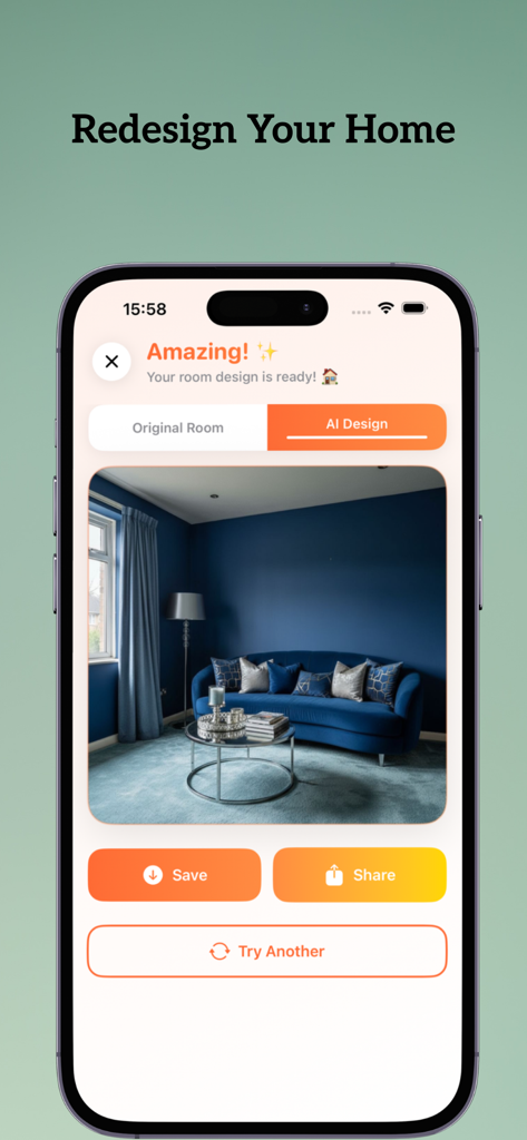 HomeStyle AI - Interior Design - A smartphone showing an AI generated interior design of a blue living room with a modern sofa and coffee table
