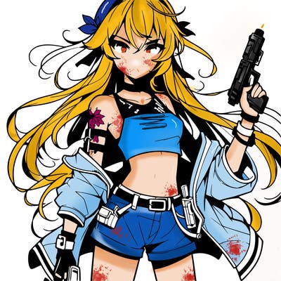 bad girl wearing crop top holding a gun long hair anime