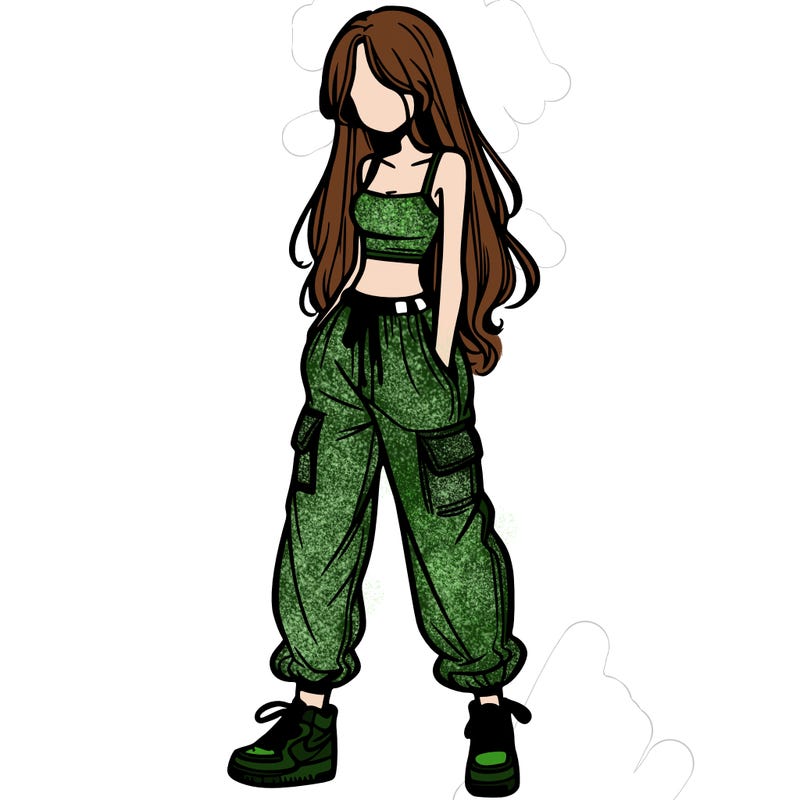 girl in baggy pants crop top and long hair