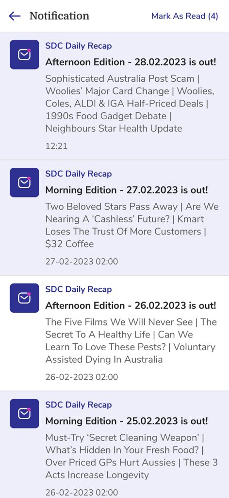 Seniors Discount Club - Notification screen of the Seniors Discount Club app showing a list of daily recap newsletters with news headlines and deal summaries.
