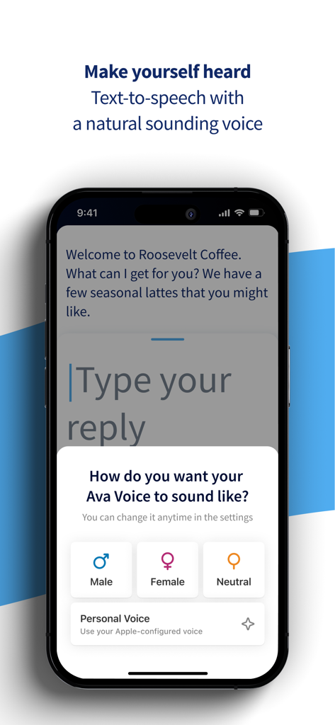 Ava: Transcribe Voice to Text - Ava app interface showing text-to-speech voice selection options for male female and neutral voices