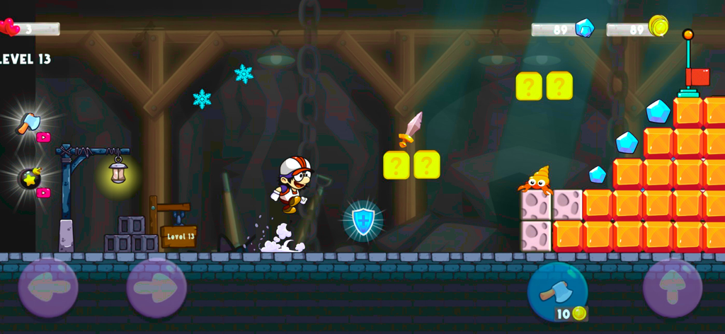 Super Adventure : Pepe - Pepe character jumping in a mine level with blocks and enemies in a classic platformer game