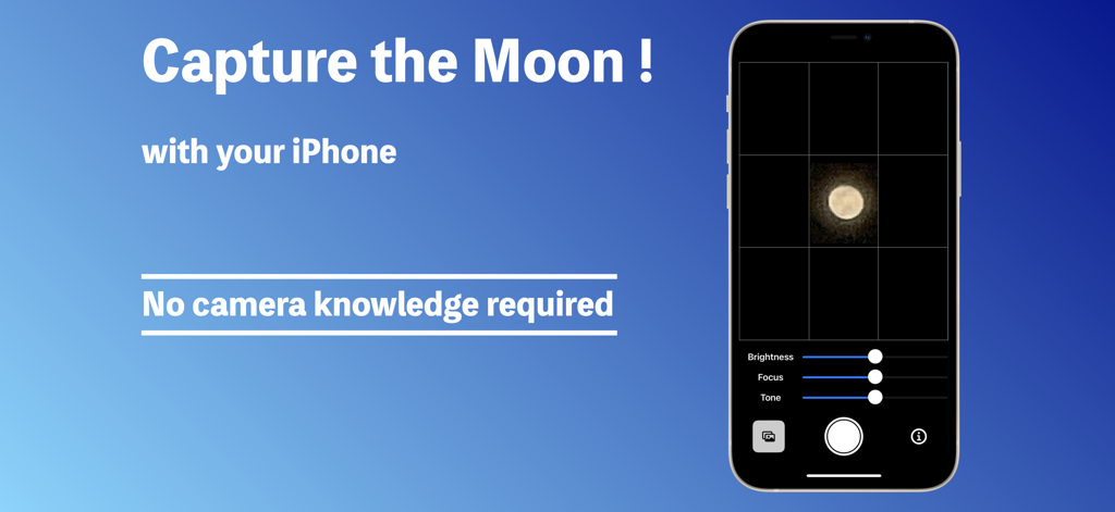 MoonCapture -Light and Shadow- - Pantalla de iPhone mostrando la interfaz de la aplicación MoonCapture con deslizadores para ajustar el brillo, el enfoque y el tono para la fotografía lunar