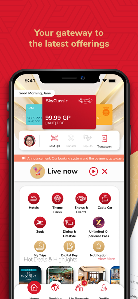 Resorts World Genting - Resorts World Genting app home screen showing Genting Rewards points and resort features like hotels and digital key