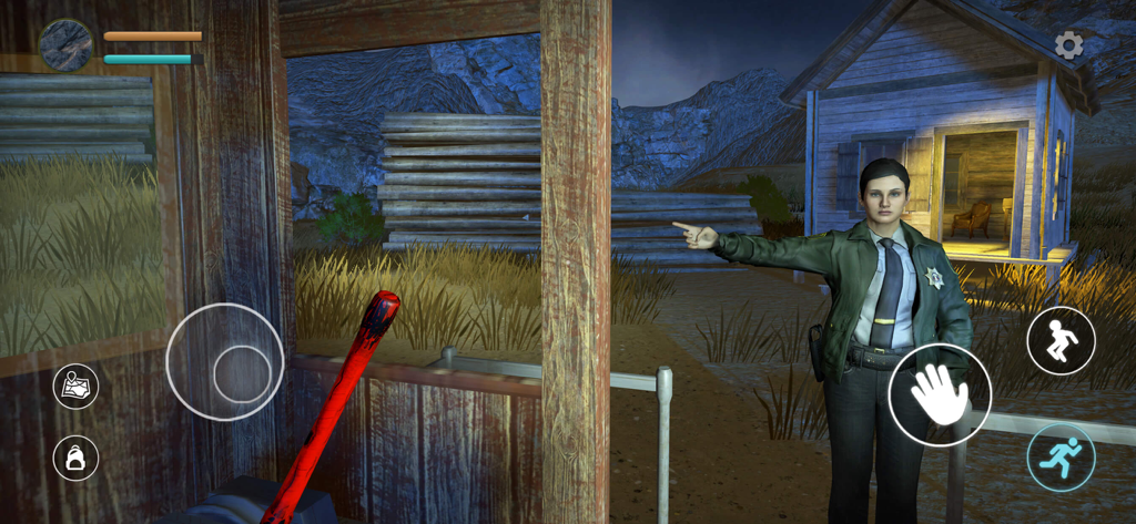 Charles Train - A female officer character pointing at a wooden cabin in the horror game Charles Train
