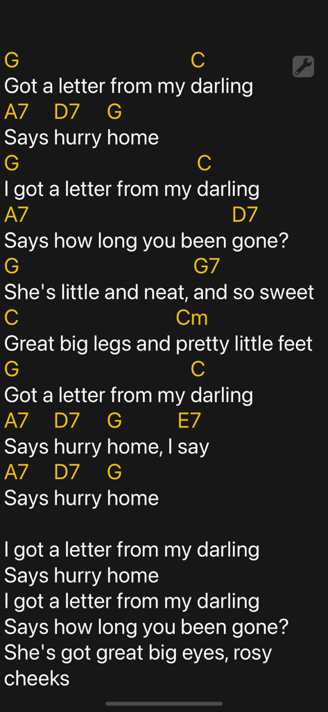 BandHelper - BandHelper app screen showing song lyrics with yellow guitar chords