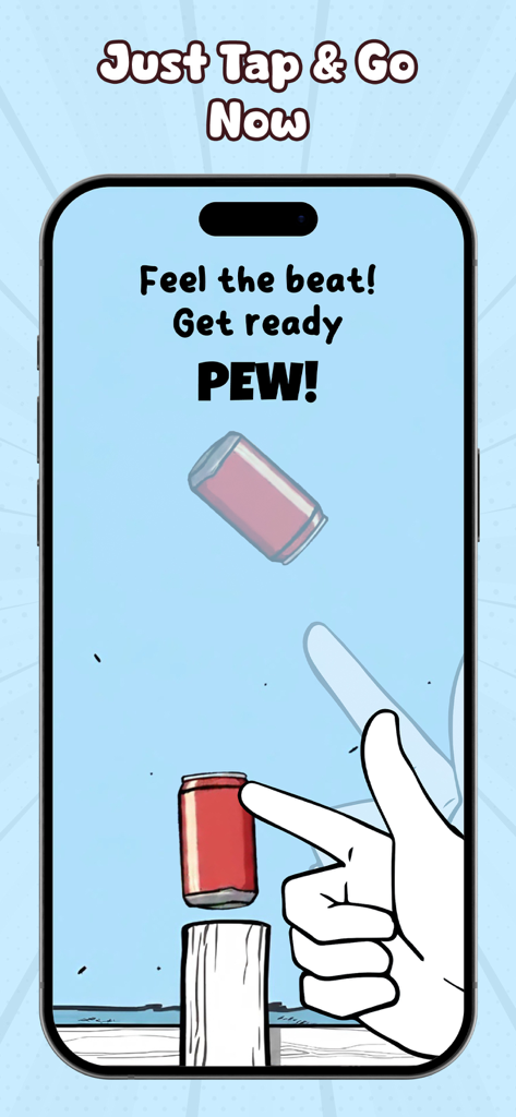 Mobile app screen showing a finger interactive game where a hand taps a soda can