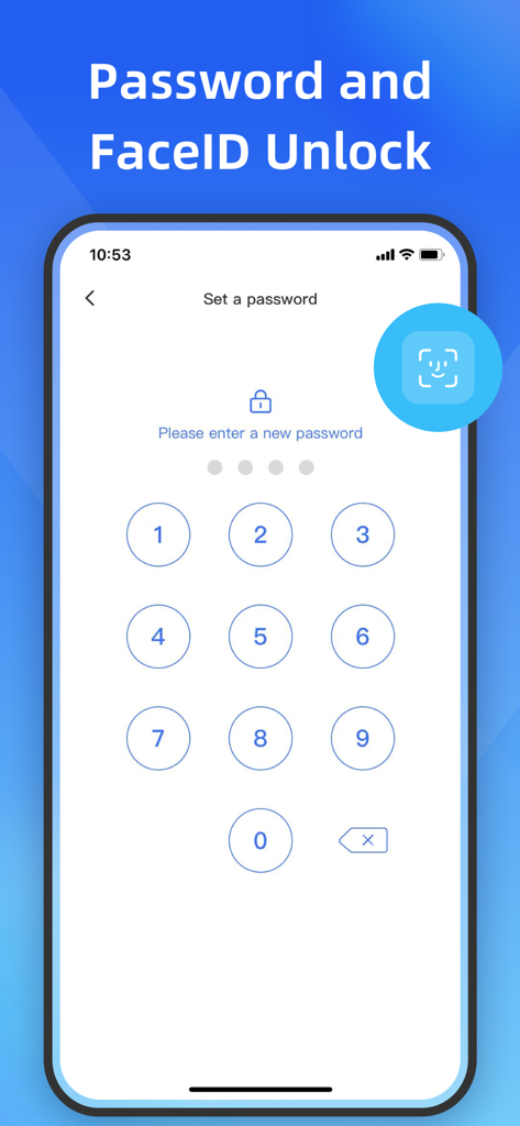 SecureSafe-App-Oberfläche, die den Bildschirm zur Passworteingabe mit Ziffernblock und FaceID-Entsperrsymbol zeigt.