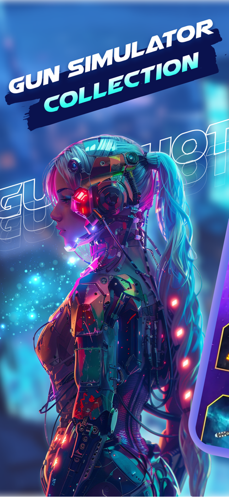 A futuristic cybernetic woman with glowing lights featured in the Gun Shot Sound app interface