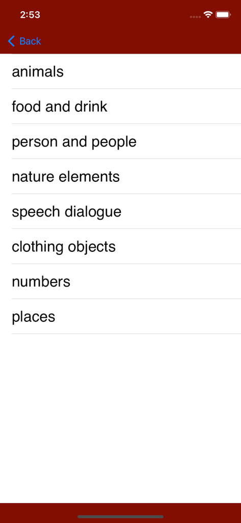 Lista de categorías de palabras en la aplicación Speak Navajo, incluyendo animales y elementos de la naturaleza.
