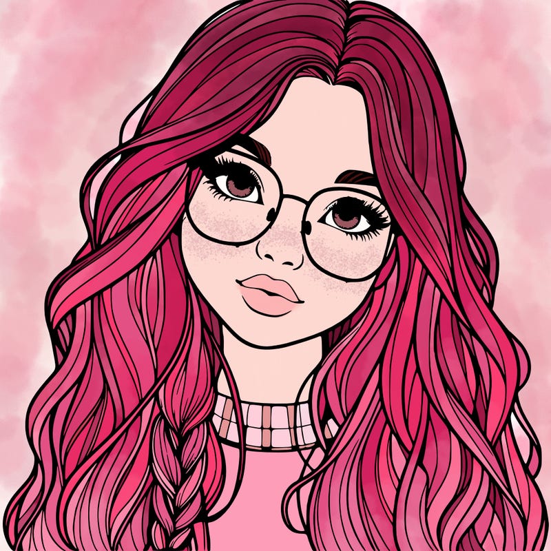 girl with long hair and freckles and glasses realistic