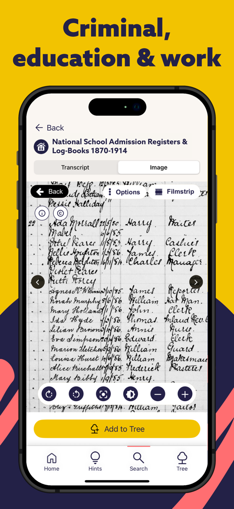 Findmypast - Findmypast app displaying a handwritten historical school admission register and log-book record.
