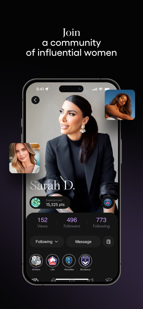 WUnite - Capture d'écran de l'application WUnite affichant le profil d'un utilisateur au sein d'une communauté privée pour les épouses et petites amies de footballeurs.
