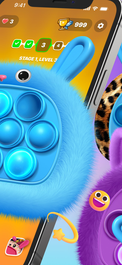 Popit fidget toys 3D top style - Un juguete pop it 3D azul y peludo con forma de conejito en la aplicación móvil Electro PopIt