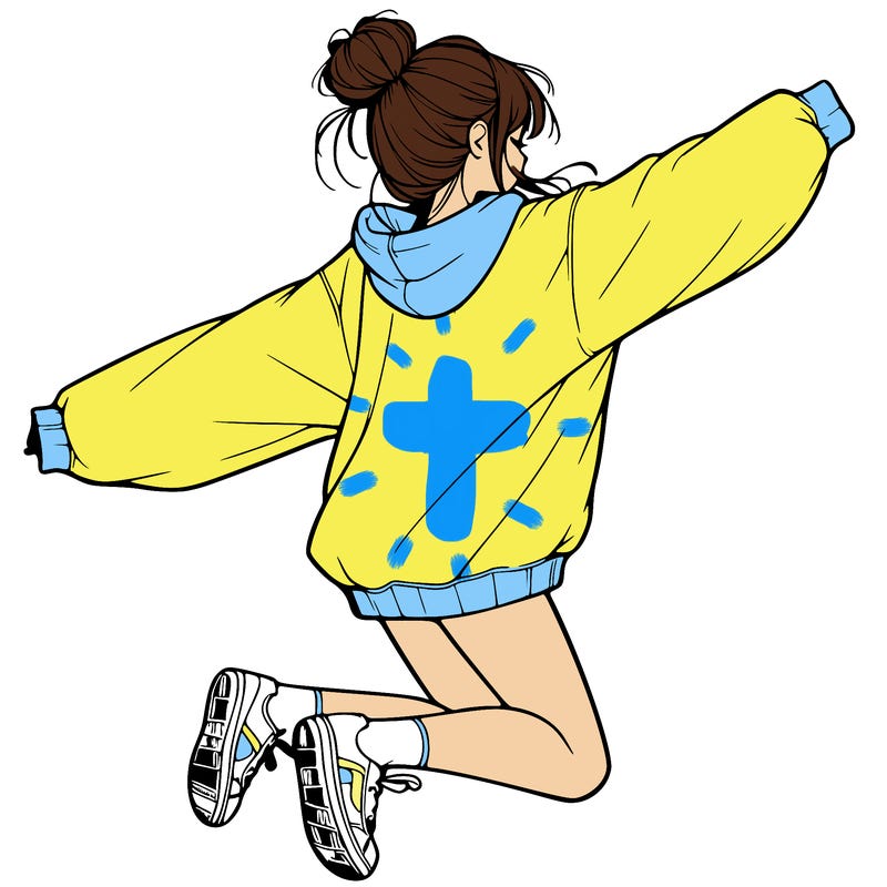 realistic girl jumping with a bun and oversized sweatshirt