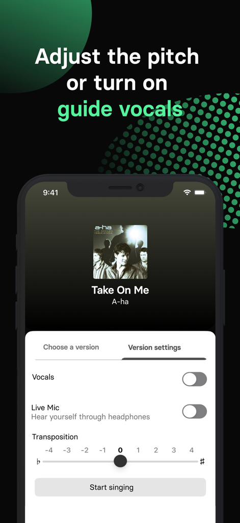 Singaアプリの画面。カラオケのピッチとガイドボーカルを調整するための設定が表示されています。